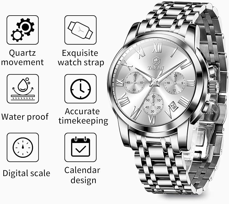 Mens Silver Watch Luxury Minimalist Dress Watch Classic Waterproof Watches for Men Analog Quartz Stainless Steel Men's Wrist Watches with Date Luminous Relojes para Hombres