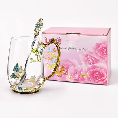 OEAGO Birthday Gifts for Women Mom Glass Coffee Enamels Mug Best Mothers Day Butterfly Gifts for Her from Daughter Son Lead-Free Christmas Tea Cup with Spoon Sets