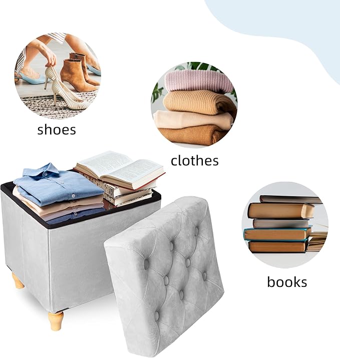 CAROLMADE Folding Storage Ottoman Cube Velvet Footstool with Wood Legs Ottoman Footrest for Living Room and Bedroom, Grey 15"x12.6"x15.4”