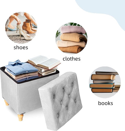 CAROLMADE Folding Storage Ottoman Cube Velvet Footstool with Wood Legs Ottoman Footrest for Living Room and Bedroom, Grey 15"x12.6"x15.4”