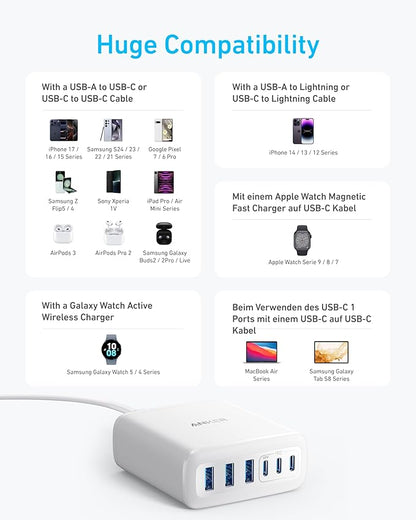 Anker Desktop Charger, Fast Charging USB C Charger with 112W Max 6-Port Desk Accessories for Home Office, Campatible with Multiple Devices, iPhone, iPad, MacBook, Galaxy and More (Cable Not Included)