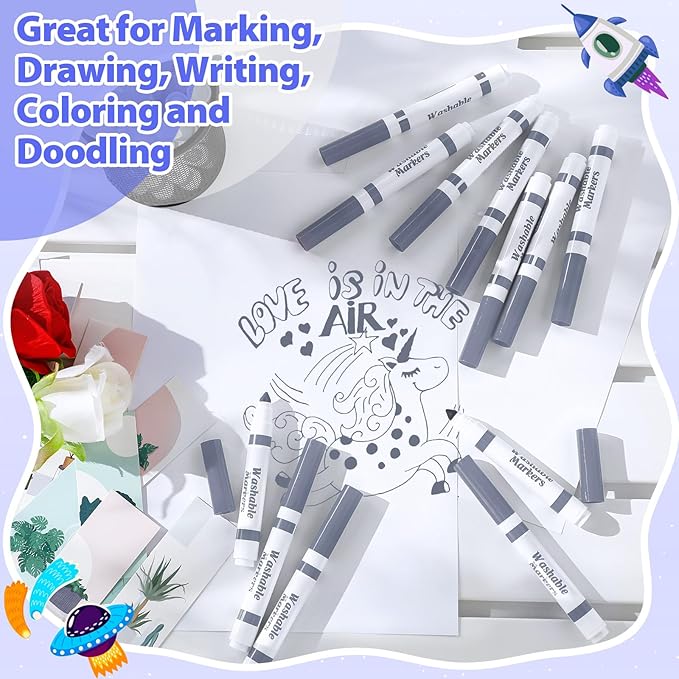 Janlaugh 24 Pcs Washable Markers Bulk Broad Line Markers Coloring Conical Tip Large pens for Kids art projects, Teachers, Students, Toddlers, Party Favors, Classrooms, Donations(Gray)