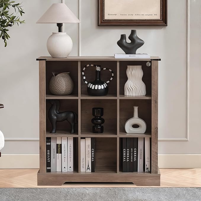 9 Cube Storage Organizer with LED Lights, Wooden Bookcase with Storage, Modern Cube Shelf for Living Room, Bedroom, Home Office - Grey