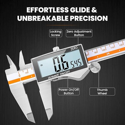 HARDELL Digital Caliper 6 Inch, Caliper Measuring Tool with Large LCD Screen, Stainless Steel Caliper, Micrometer Calipers Digital with 3 Backup Batteries, Inch Millimeter and Fraction Conversion