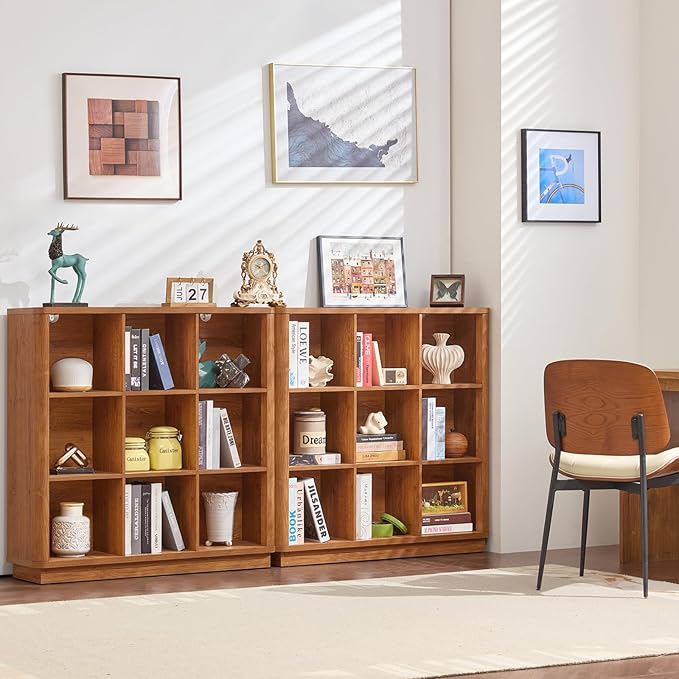 9 Cube Storage Book Shelf, 40" Tall Organizer Bookshelf with Curved Edge, Wood Floor Standing 3-Tier Cubby Bookcase with Base, Country Rustic Display Book Case for Library, Office, Orange Oak