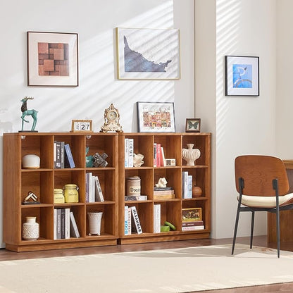 9 Cube Storage Book Shelf, 40" Tall Organizer Bookshelf with Curved Edge, Wood Floor Standing 3-Tier Cubby Bookcase with Base, Country Rustic Display Book Case for Library, Office, Orange Oak