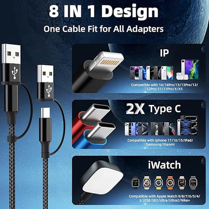 Dual Type-C Port 4 in 2 Multi Charging Cable for iWatch Charger/iPhone17/IP, Travel Charger Cruise Essentials 2026, USBA/USBC Cable for iWatch Ultra/SE/11-2, iPhone17-8, Pad, Car Accessories- 2Pcs 5FT