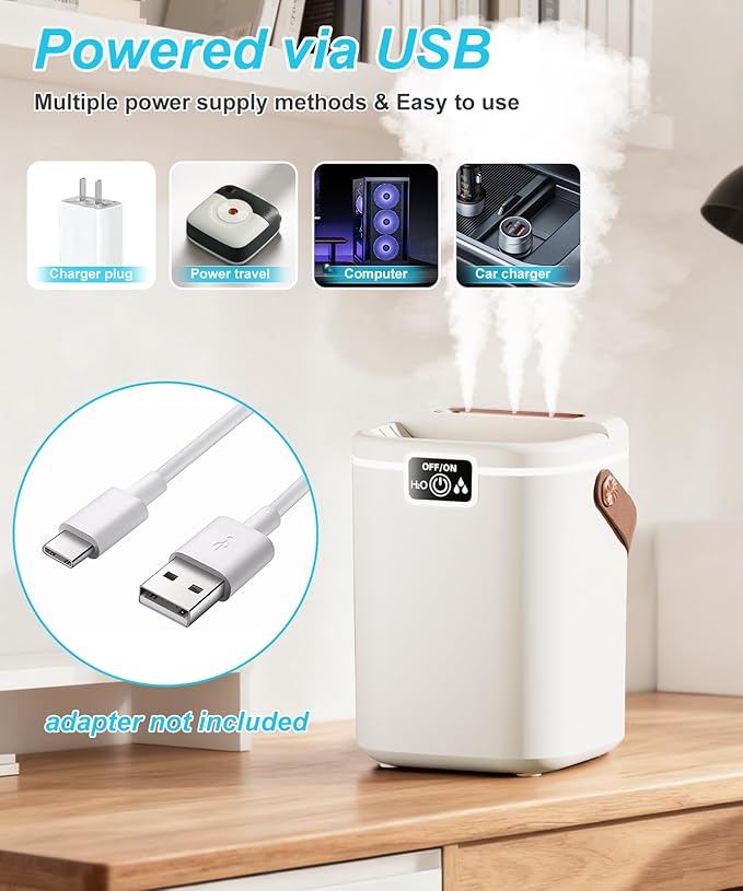 Air Humidifier for Bedroom with Three Spray, 2L Quiet Cool Mist Humidifier for Plants Dorm Room Office Home Car Personal Humidificador with Top Water Inlet & 4 Mist Modes & Night Light
