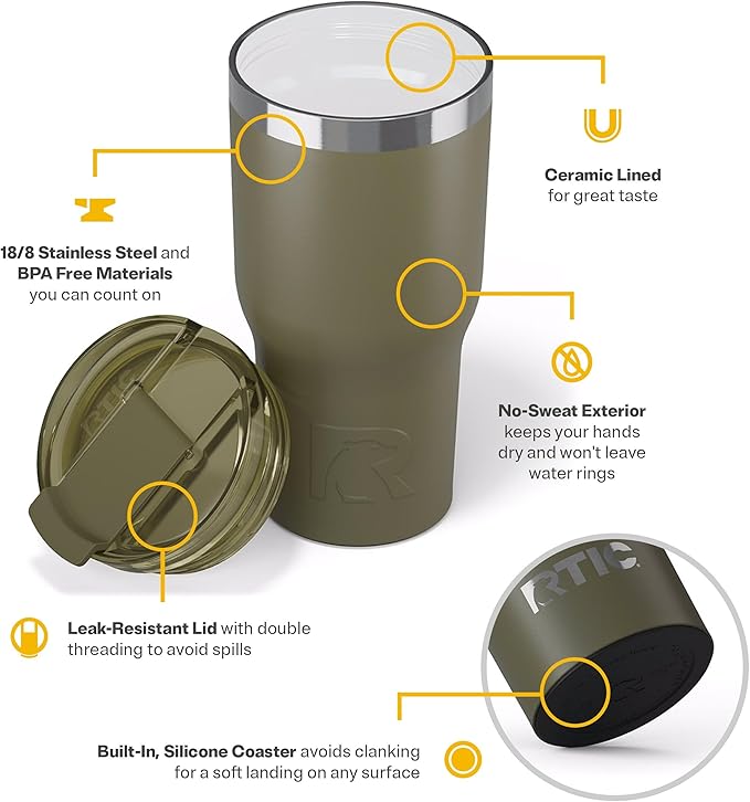 RTIC 20oz Essential Tumbler with Lid, Ceramic Lined, Insulated, Stainless Steel, Metal, Double Wall Vacuum-Insulation, Travel Cup for Iced Coffee, Tea, Hot and Cold Drink, Olive