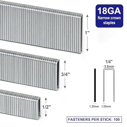 HW HAMWOO 18 Gauge 1/4" Narrow Crown Staples,Galvanized 18GA Nail Gun Nails Assorted, Suitable for Most Brand of 18 Gauge Pneumatic and Electric Brad Nailer (1/2",3/4",1":3000PCS)