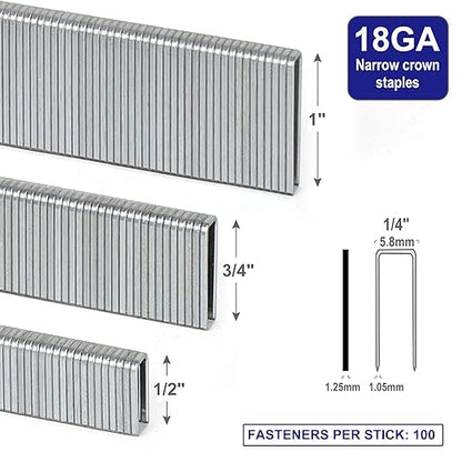 HW HAMWOO 18 Gauge 1/4" Narrow Crown Staples,Galvanized 18GA Nail Gun Nails Assorted, Suitable for Most Brand of 18 Gauge Pneumatic and Electric Brad Nailer (1/2",3/4",1":3000PCS)