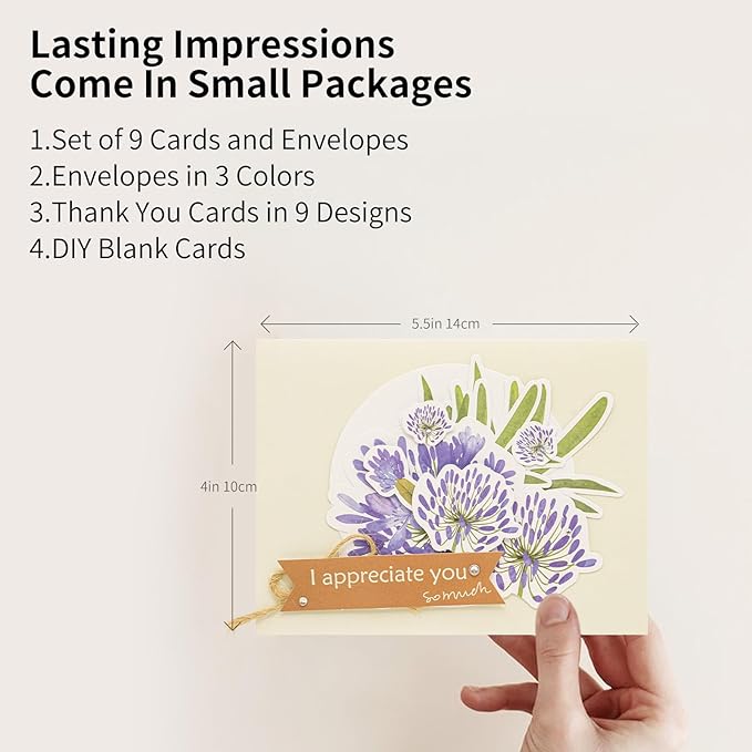 DIY Card Making Kit for Adults Flower Appreciation -Themed & Thank You Cards with Envelopes for Birthdays, Weddings, Teachers, Parents, and Gift Giving (9 Sets)