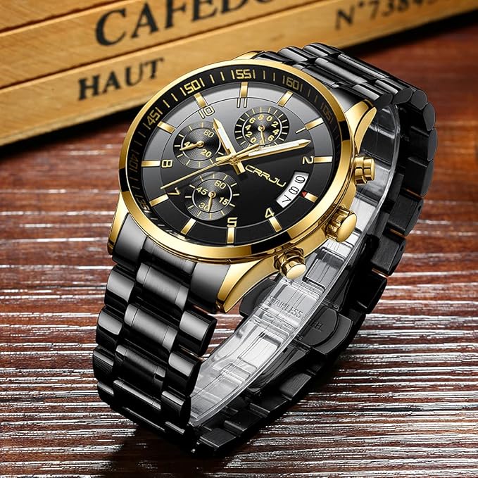 CRRJU Men's Fashion Stainless Steel Watches Date Waterproof Chronograph Wristwatches,Black Steel Band Waterproof Quartz Watch for Men