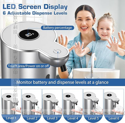 Automatic Foaming Soap Dispenser, LED Display Touchless Foam Hand Soap Dispenser for Bathroom Countertop, Kitchen, 6-Level Adjustable,380ML, Rechargeable (Silver)