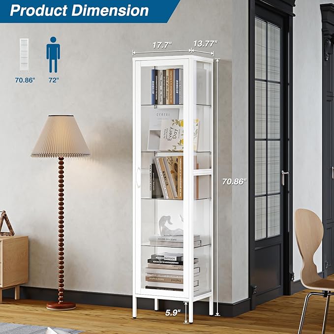 Display Storage Cabinet with Glass Doors, 71 Inches Metal Curio Cabinets with 4 Adjustable Shelves, HD&Tempered Glass Cabinet Display Case for Home, Office, Pantry, Assemble Required (White)