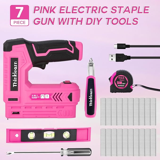 Pink Electric Staple Gun, 7PCS 2 in 1 Cordless Stapler Nail Gun Set with 2500pcs Staples Nails, 4V Brad Nailer Tacker for Upholstery, Wood, Carpentry, Crafts, DIY, Brad Nailer Kit with USB Charger