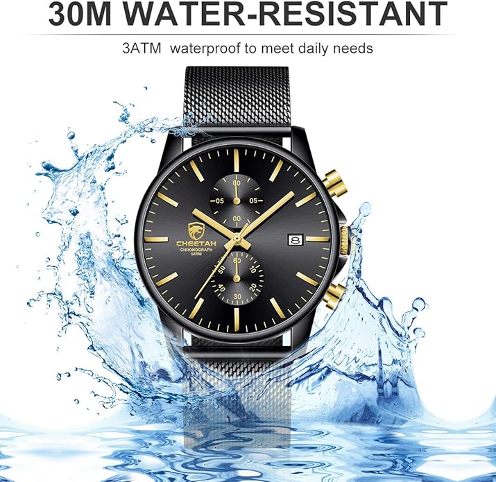 GOLDEN HOUR Mens Watch Fashion Sleek Minimalist Quartz Analog Mesh Stainless Steel Waterproof Chronograph Watches for Men with Auto Date