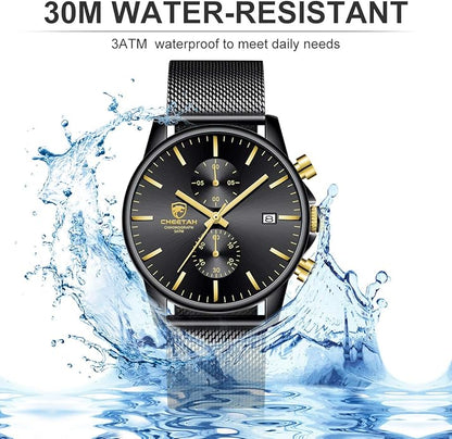 GOLDEN HOUR Mens Watch Fashion Sleek Minimalist Quartz Analog Mesh Stainless Steel Waterproof Chronograph Watches for Men with Auto Date