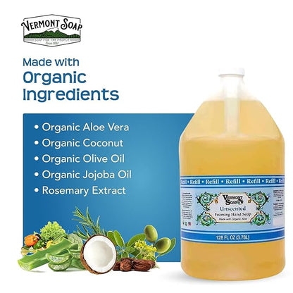 VERMONT SOAP Organics Foaming Hand Soap, Liquid Soap with Pre-diluted Formula - Ready to Use Simply Unscented Hand Soap With Convenient and Economical Gallon Refill Size