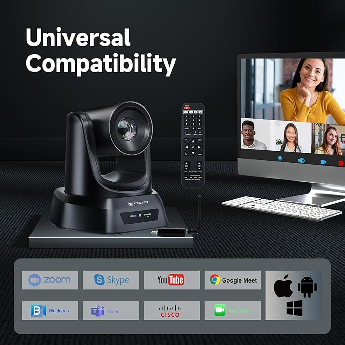 TONGVEO Wireless Conference Room Webcam, Church Live Streaming 10X USB 1080P 60fps PTZ Camera for Worship Services Online Conference, Works with Zoom, Skype OBS