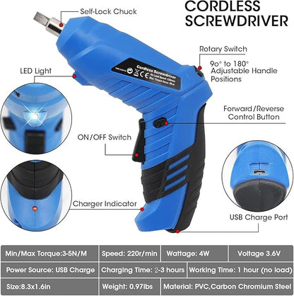 Cordless Electric Screwdriver, 3.6V usb Charging 2-3hours, Small Drills for Moving, Disassembling and Reassembling Cabinets and Beds not Suitable for Construction Sites and Concrete Drilling