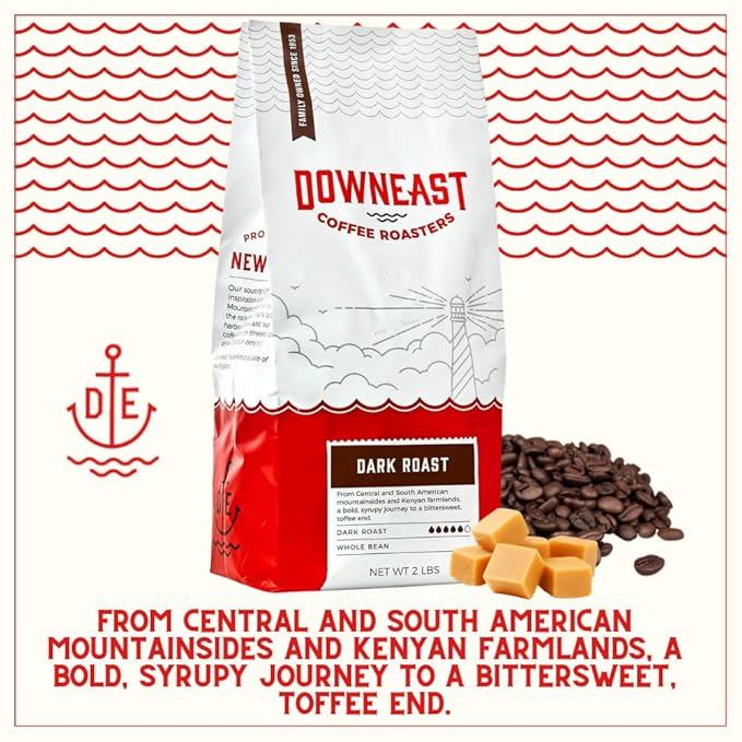 Downeast Coffee Roasters Whole Bean Coffee - Dark Roast, 100% Arabica Coffee - Bold, Syrupy, Bittersweet Toffee Notes - Kenya, Central and South American Highlands (2 lb Bag, Pack of 6))