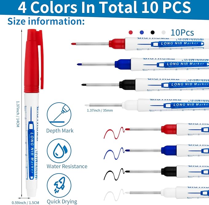 10 Pcs Long Head Deep Hole Marker, 35MM Long Nib Marker, Multi-purpose Deep Hole Markers Pens, Quick Dry Waterproof Colorful Carpenter Pen Markers for Construction Bathroom Woodworking