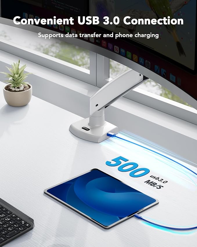 HUANUO Single Monitor Arm for 49 inch Screens, Ultrawide Computer Monitor Mount Holds 26.48 lbs, Upgraded Adjustable Stand with USB, C-Clamp & Grommet Base, VESA 75x75 or 100x100mm