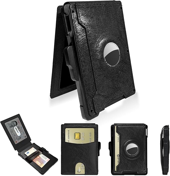 Compatible with Air Tag Wallet for Men, RFID Blocking Slim Minimalist Bifold Wallet with Pop Up Aluminum Card Case, Leather Credit Card Holder with Money Clip & ID Window, Holds 9–12 Cards, (black)