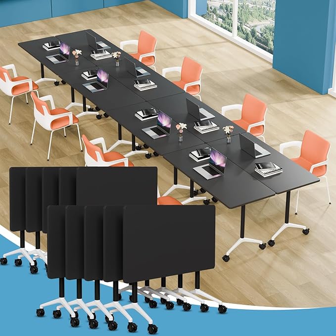 Conference Table Folding Conference Room Tables, Modern Mobile Meeting Training Table with Silent Wheels, Foldable Seminar Table for Offices, Classrooms, Libraries (10, Black, 55.1in)