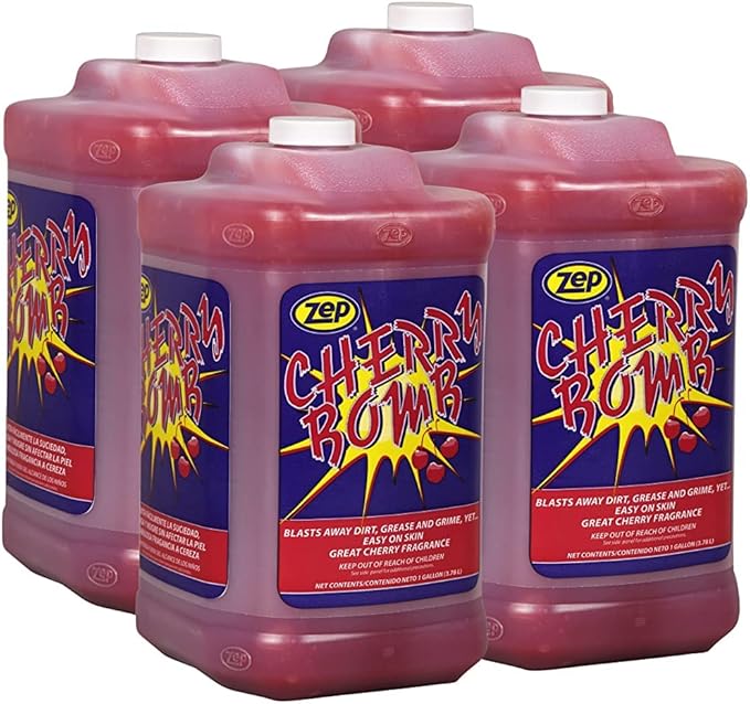 Zep Cherry Bomb Industrial Hand Cleaner Gel with Pumice - 1 Gallon (Case of 4) - 1049525 - Heavy-Duty Shop Grade Formula, Four Pumps Included