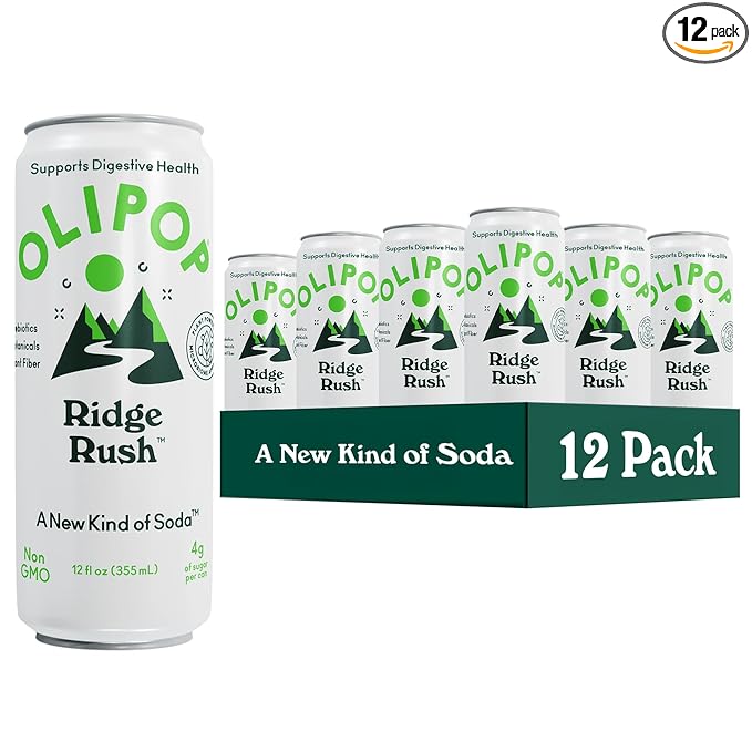 OLIPOP Sparkling Prebiotic Soda, Ridge Rush, Pantry Pack Packed with Prebiotics, Fiber, and Botanicals, Gluten Free, Vegan, GMO Free, 12oz Skinny Can (12 Pack)