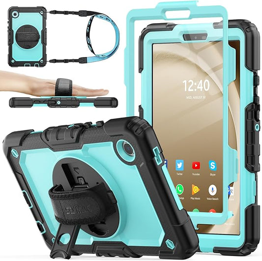 SEYMAC stock Case for Samsung Galaxy Tab A9 8.7'', Full-Body Drop Protection Case with Screen Protector Pencil Holder [360° Rotating Hand Strap] &Stand, SkyBlue+Black