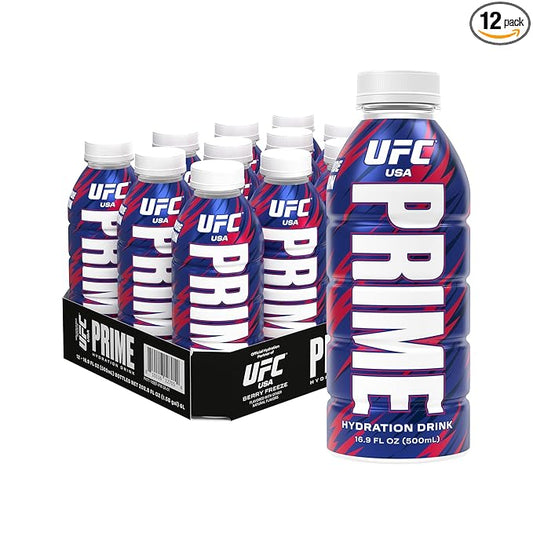 PRIME Hydration UFC, Sports Drinks, Electrolyte Enhanced for Replenishing Fluids, 250mg BCAAs, B Vitamins, Antioxidants, Low Sugar, 16.9 Fl Oz, 12 Pack