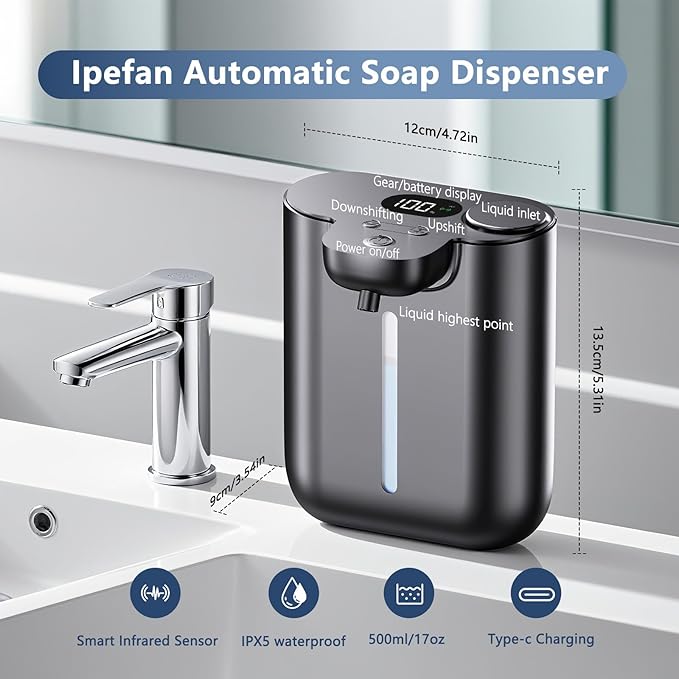 Automatic Soap Dispenser Touchless, Liquid Hand Soap Dispenser, 1200mAh Rechargeable, 9-Level Adjustable, 16.9oz/500ml Wall Mount for Bathroom Kitchen Office Dish Soap Kitchen, Bathroom,Black
