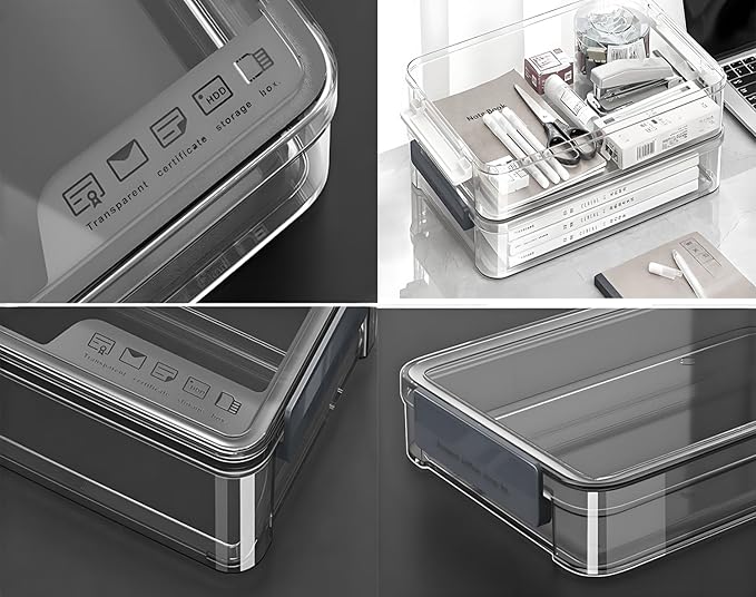 2 Pcs 5.5qt 9 x 13 Plastic Portable Project Case With Snap-Tight Latch, Clear Stackable Storage Boxes Organizer for A4 Files, Photos, Scrapbooks, Art Supplies (‎Blue Latch, Large)
