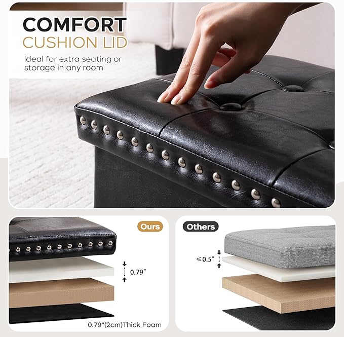 Folding Storage Ottoman Bench 30in, Leather Foot Rest Stools Ottoman with Storage, Coffee Table, End of Bed Bench Footstool for Living Room, Bedroom, Load 330 lb, 30x15x15 inches, Black