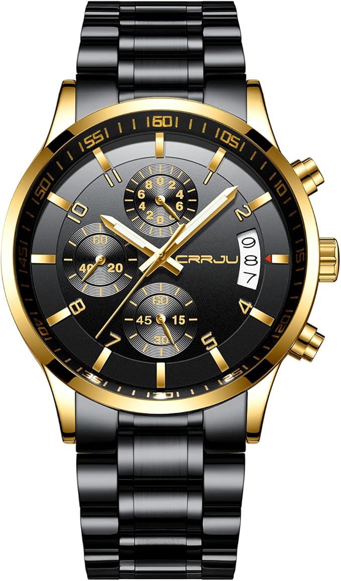 CRRJU Men's Fashion Stainless Steel Watches Date Waterproof Chronograph Wristwatches,Black Steel Band Waterproof Quartz Watch for Men