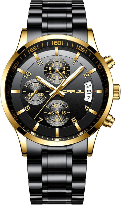 CRRJU Men's Fashion Stainless Steel Watches Date Waterproof Chronograph Wristwatches,Black Steel Band Waterproof Quartz Watch for Men