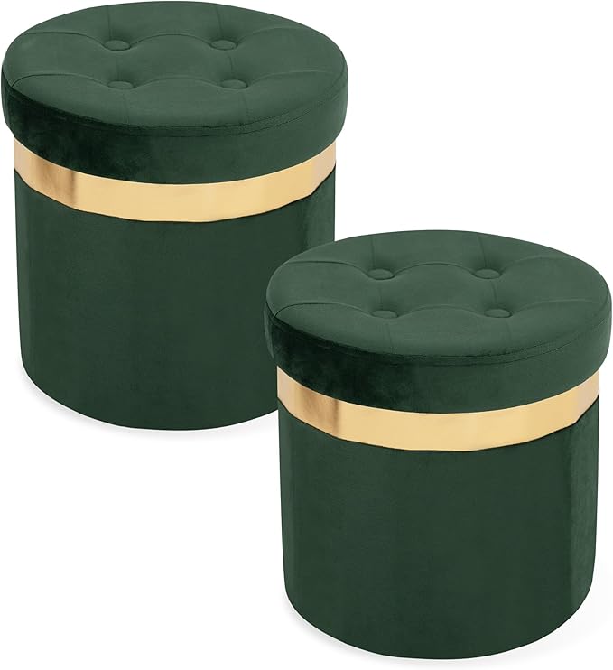 Small Ottoman with Storage,Folding Round Ottoman with Gold Trim,Velvet Storage Stool,Foot Stool with Soft Padded,Foot Rest for Living Room13“x13”x12.4(Green,2pcs)