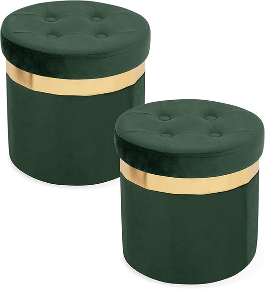 Small Ottoman with Storage,Folding Round Ottoman with Gold Trim,Velvet Storage Stool,Foot Stool with Soft Padded,Foot Rest for Living Room13“x13”x12.4(Green,2pcs)