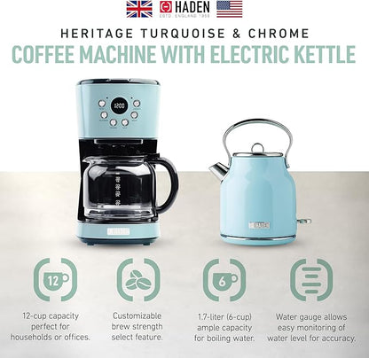 HADEN Coffee Machine, 12 Cup Drip Coffee Maker Bundled with Heritage 1.7 Liter Stainless Steel Electric Kettle, Turquoise & Chrome