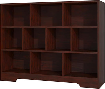 Book Shelf Set of 2, 10 Cubes Storage Organizer, 3-Tier Open Shelf Wooden Bookcase, Freestanding Cherry Bookshelf Cube Shelf for Bedroom, Living Room, Home Office