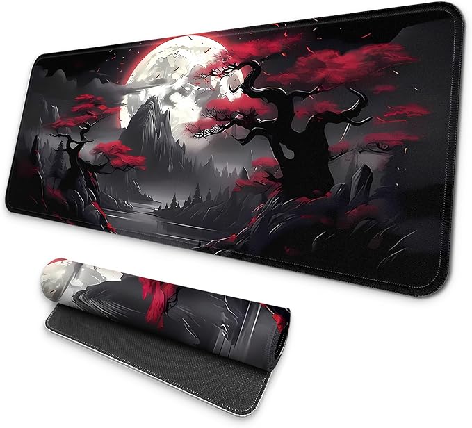MAY FLOWER Large Gaming Mouse Pad, Full Keyboard Mat, Long Laptop Mousepad, Computer Mouse Mat for Home and Office, Anti-Slip Rubber Base, 31.5 x 11.8 Inches (Dark Red Moon)