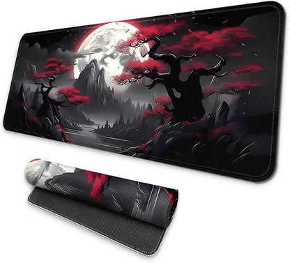 MAY FLOWER Large Gaming Mouse Pad, Full Keyboard Mat, Long Laptop Mousepad, Computer Mouse Mat for Home and Office, Anti-Slip Rubber Base, 31.5 x 11.8 Inches (Dark Red Moon)