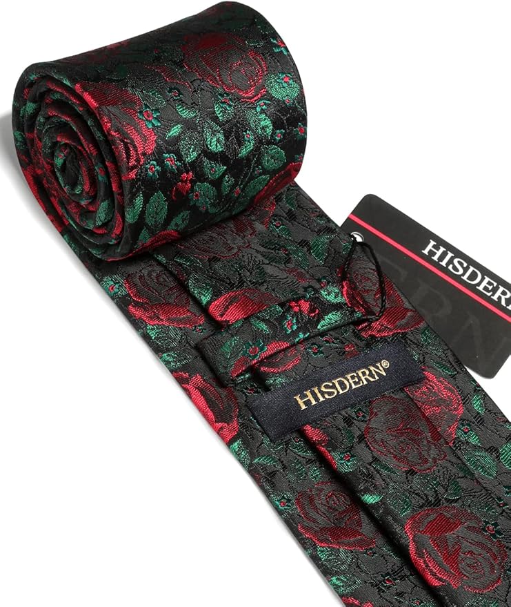 HISDERN Men Floral Ties Woven Classic 3.4" Necktie Set Formal Tie Pocket Square for Wedding with Handkerchief Gift Box
