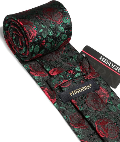 HISDERN Men Floral Ties Woven Classic 3.4" Necktie Set Formal Tie Pocket Square for Wedding with Handkerchief Gift Box