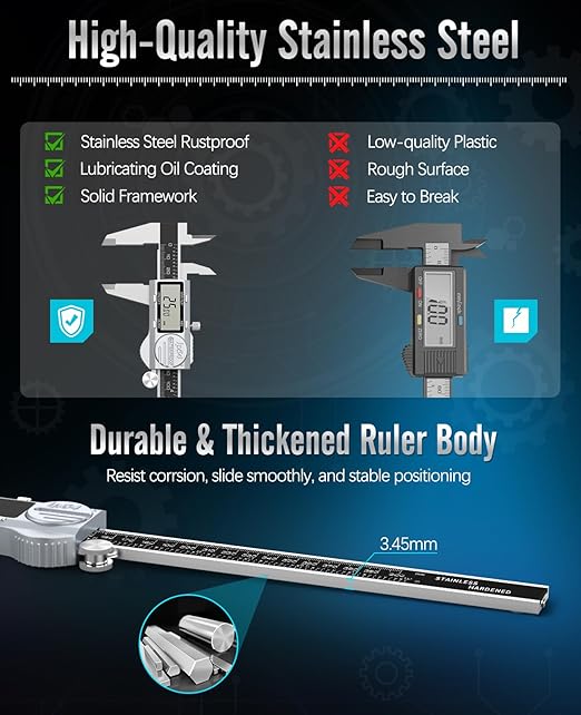 Housolution Digital Caliper 12 Inch, (ABS) Absolute Scale Caliper, IP54 Caliper Measuring Tool, Inch/MM/Fraction, Auto-Off LCD Stainless Steel Waterproof Micrometer Vernier Caliper, Feeler Gauges