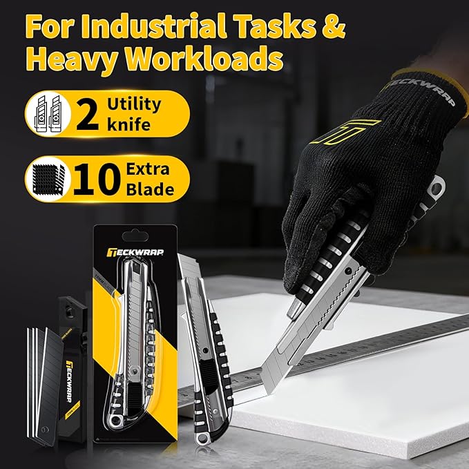 TECKWRAP Utility Knife, Retractable Box Cutter Heavy-Duty Razor Knife for Cardboard, Drywall, Vinyl, Leather, Crafts, Office & Home Use, Quick Change Blade Razor Knife, 2-Pack with 10 Extra Blades