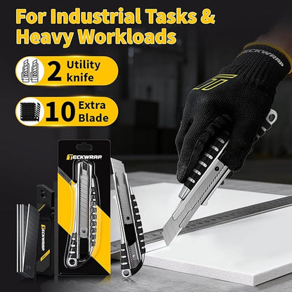 TECKWRAP Utility Knife, Retractable Box Cutter Heavy-Duty Razor Knife for Cardboard, Drywall, Vinyl, Leather, Crafts, Office & Home Use, Quick Change Blade Razor Knife, 2-Pack with 10 Extra Blades
